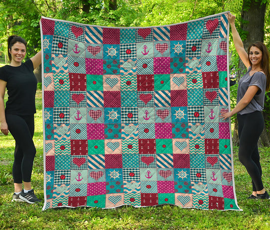 Retro Nautical Patchwork Pattern Print Quilt