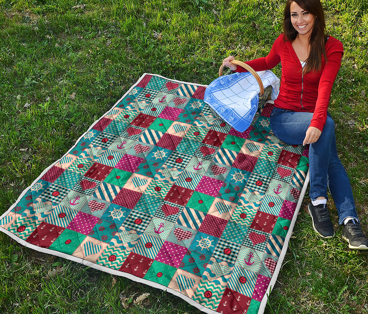 Retro Nautical Patchwork Pattern Print Quilt