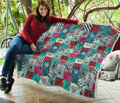 Retro Nautical Patchwork Pattern Print Quilt
