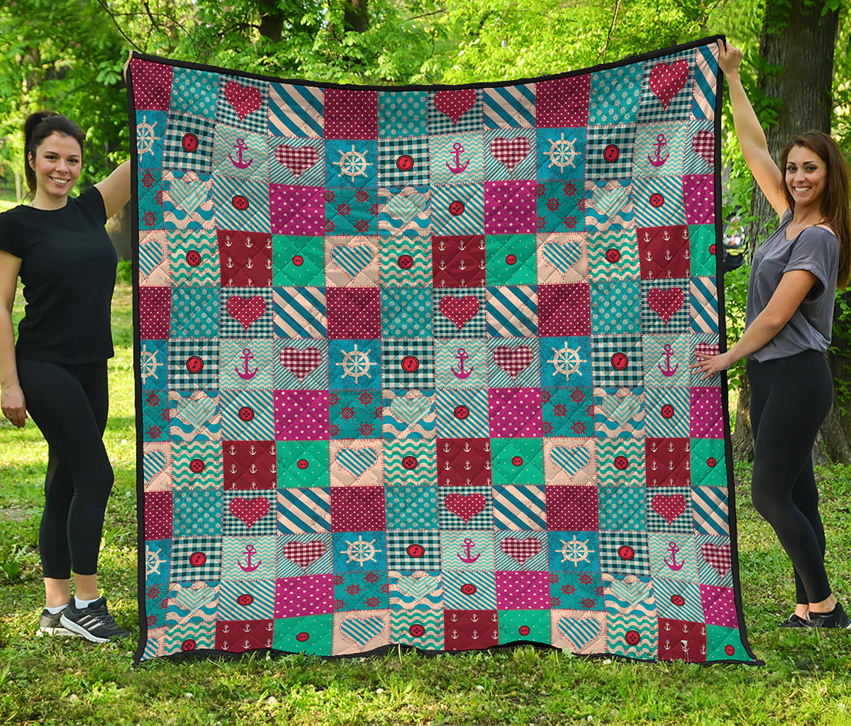 Retro Nautical Patchwork Pattern Print Quilt