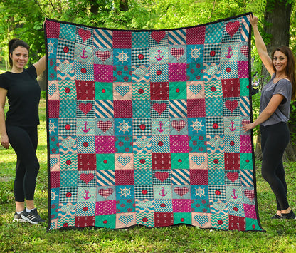 Retro Nautical Patchwork Pattern Print Quilt