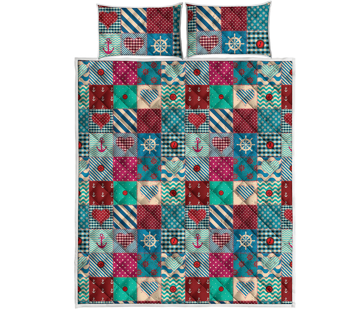 Retro Nautical Patchwork Pattern Print Quilt Bed Set