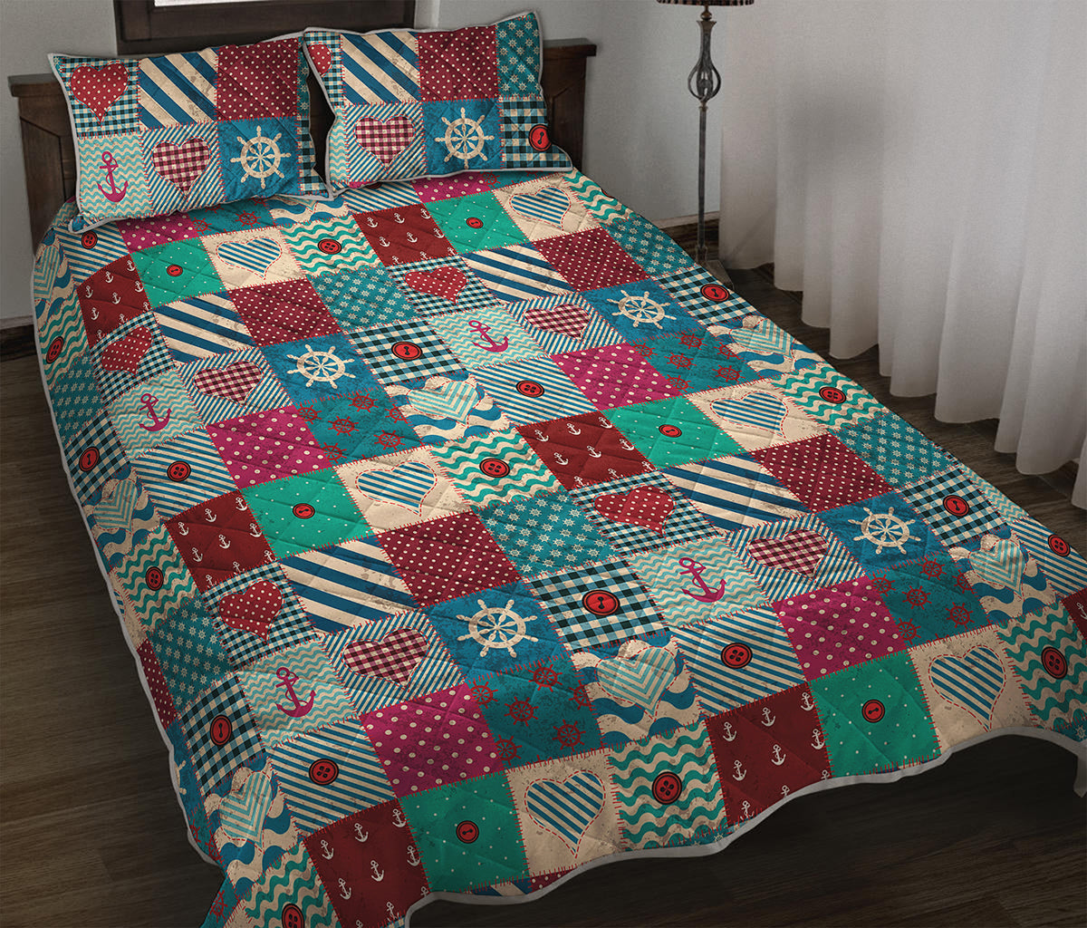 Retro Nautical Patchwork Pattern Print Quilt Bed Set