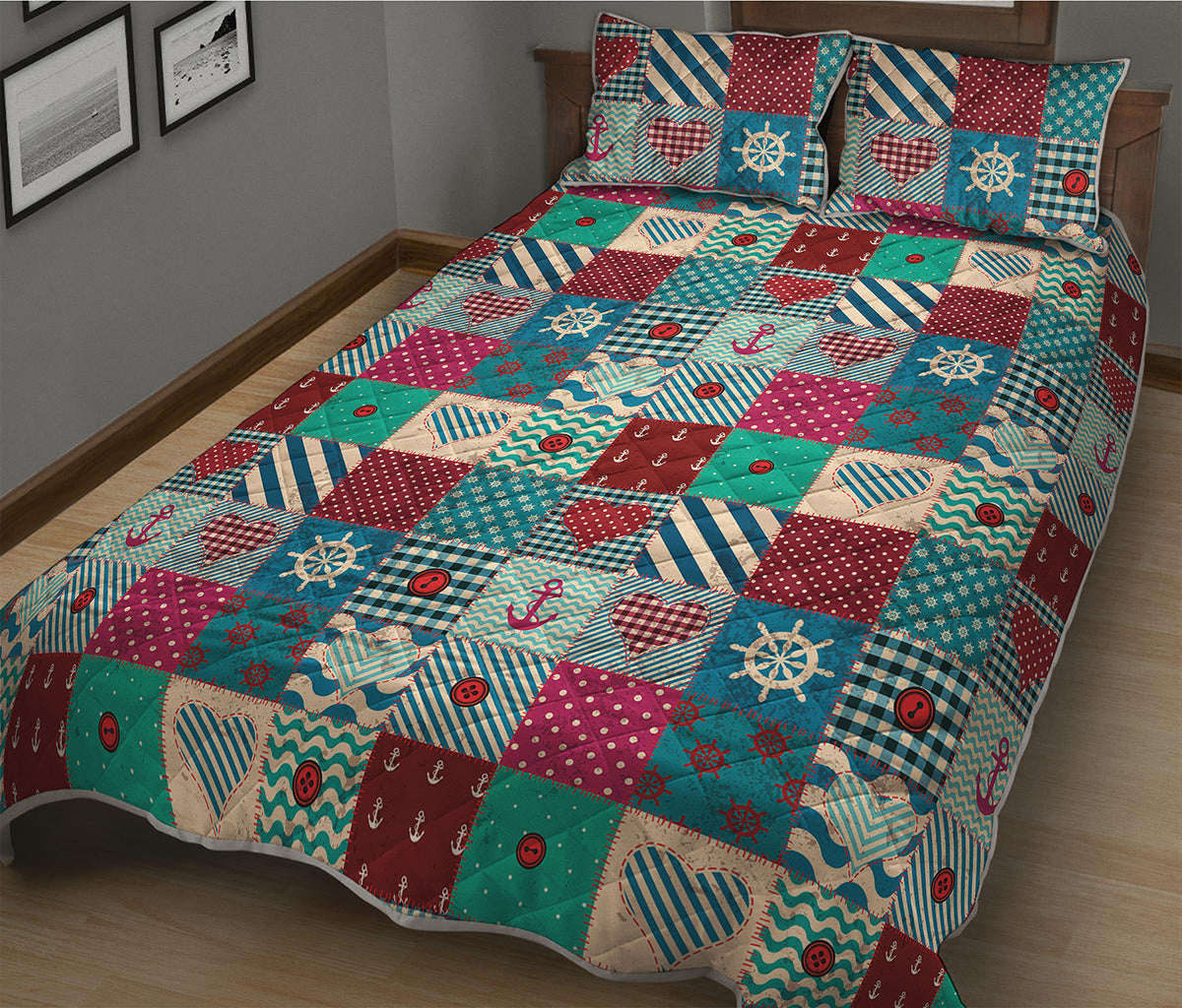 Retro Nautical Patchwork Pattern Print Quilt Bed Set