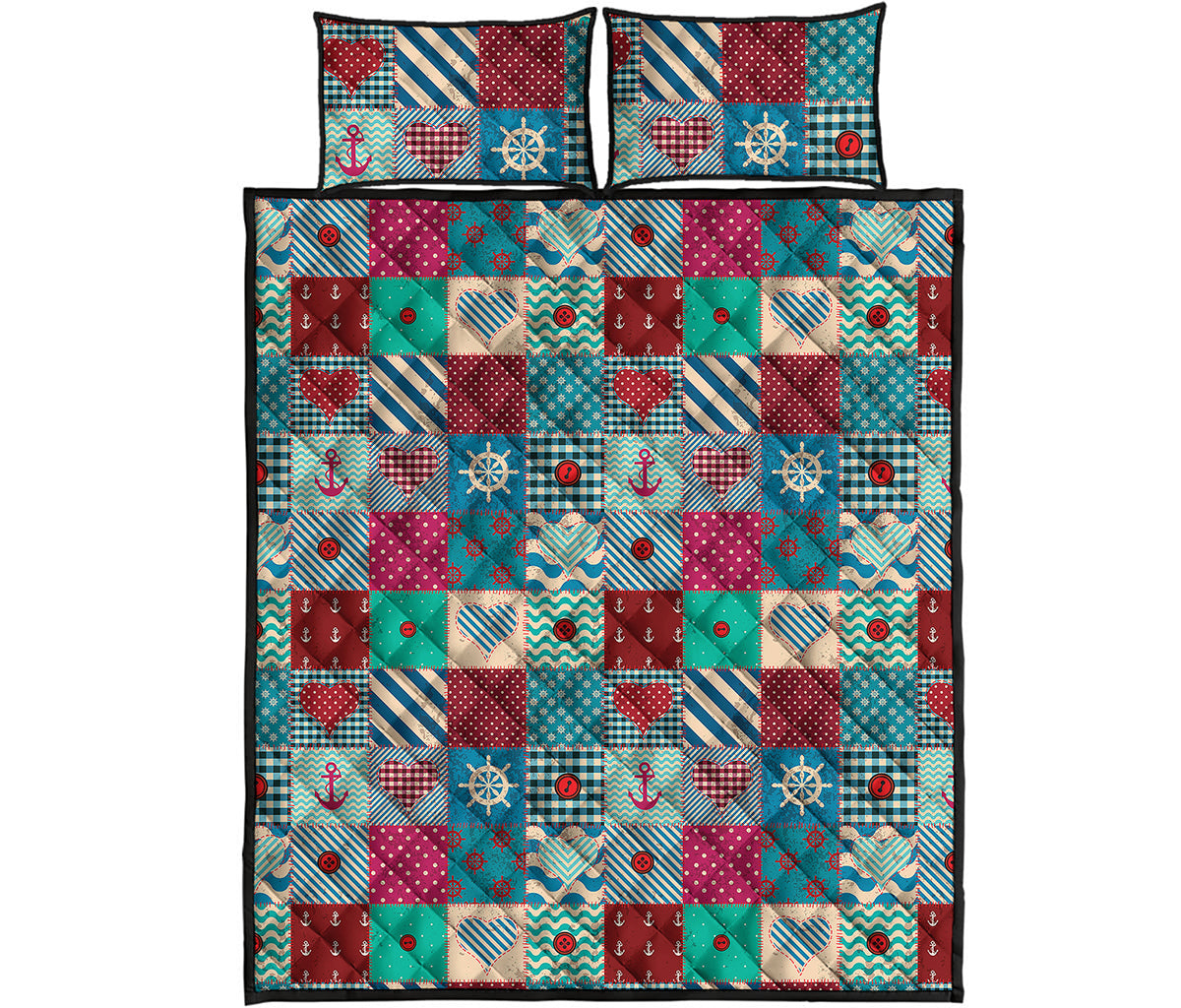 Retro Nautical Patchwork Pattern Print Quilt Bed Set