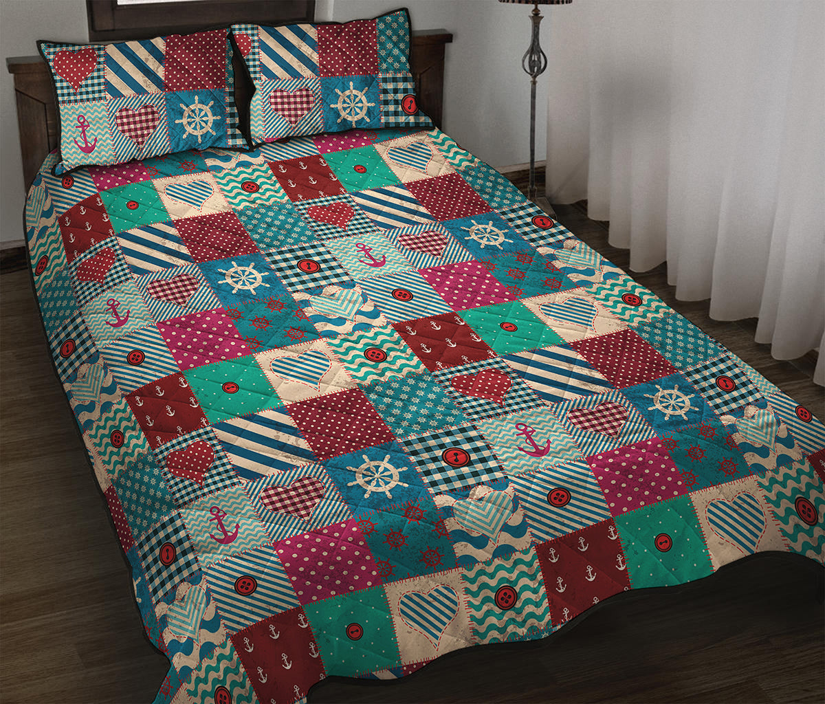 Retro Nautical Patchwork Pattern Print Quilt Bed Set