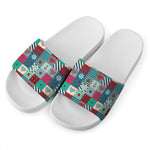 Retro Nautical Patchwork Pattern Print White Slide Sandals
