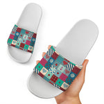 Retro Nautical Patchwork Pattern Print White Slide Sandals
