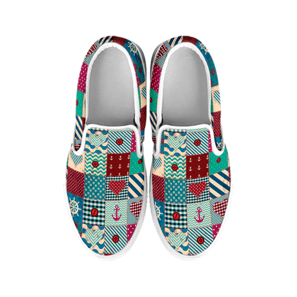 Retro Nautical Patchwork Pattern Print White Slip On Shoes
