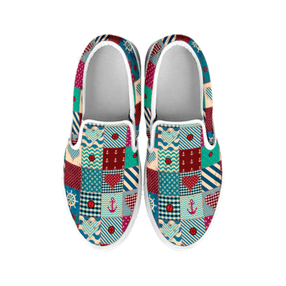 Retro Nautical Patchwork Pattern Print White Slip On Shoes