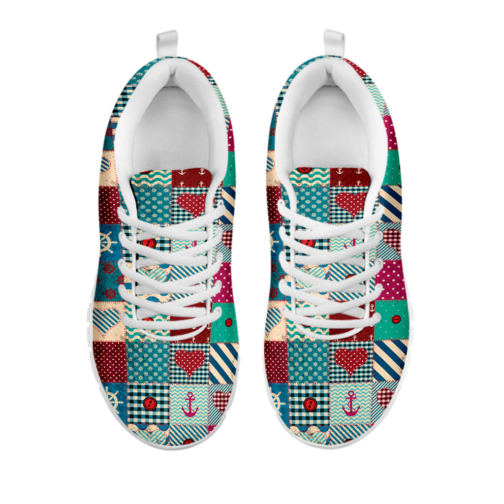Retro Nautical Patchwork Pattern Print White Sneakers