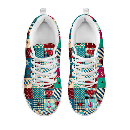 Retro Nautical Patchwork Pattern Print White Sneakers