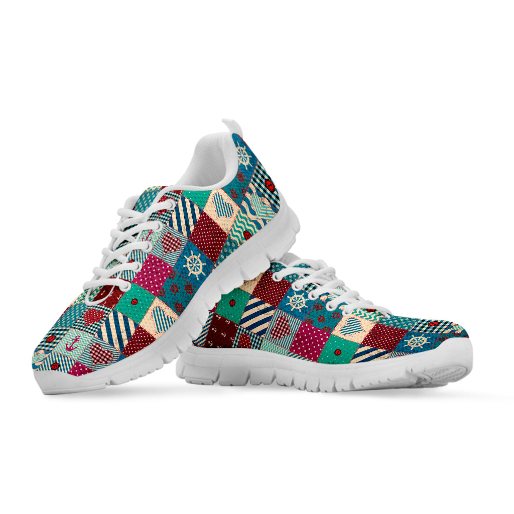 Retro Nautical Patchwork Pattern Print White Sneakers