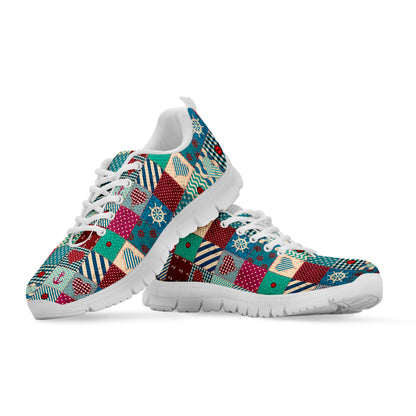 Retro Nautical Patchwork Pattern Print White Sneakers