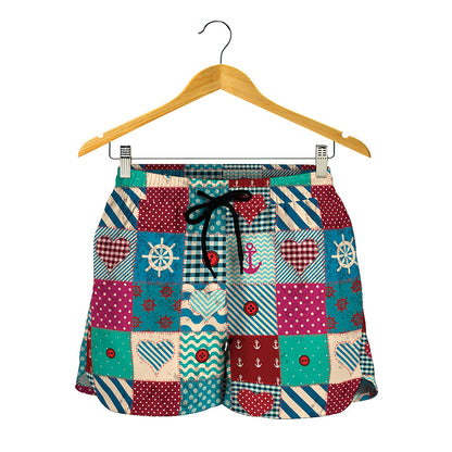 Retro Nautical Patchwork Pattern Print Women's Shorts