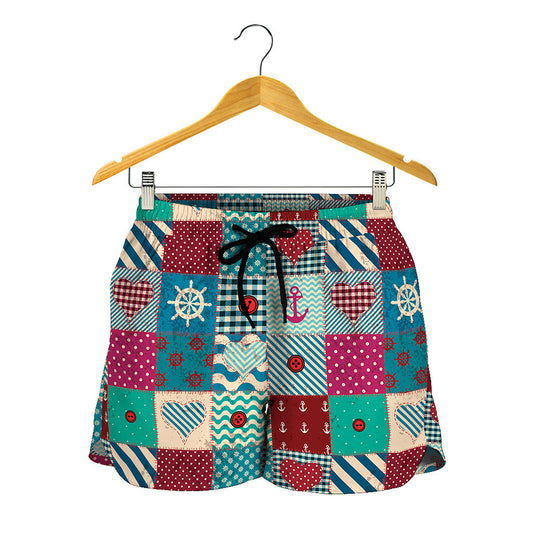 Retro Nautical Patchwork Pattern Print Women's Shorts