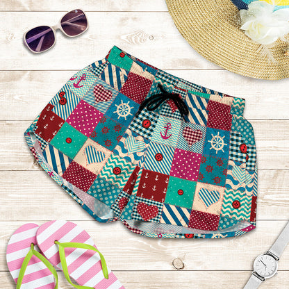 Retro Nautical Patchwork Pattern Print Women's Shorts
