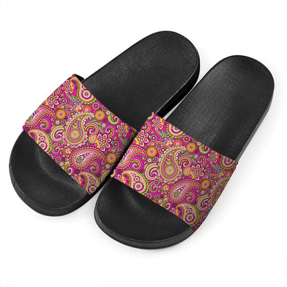 Retro Paisley Pattern Print Black Slide Sandals