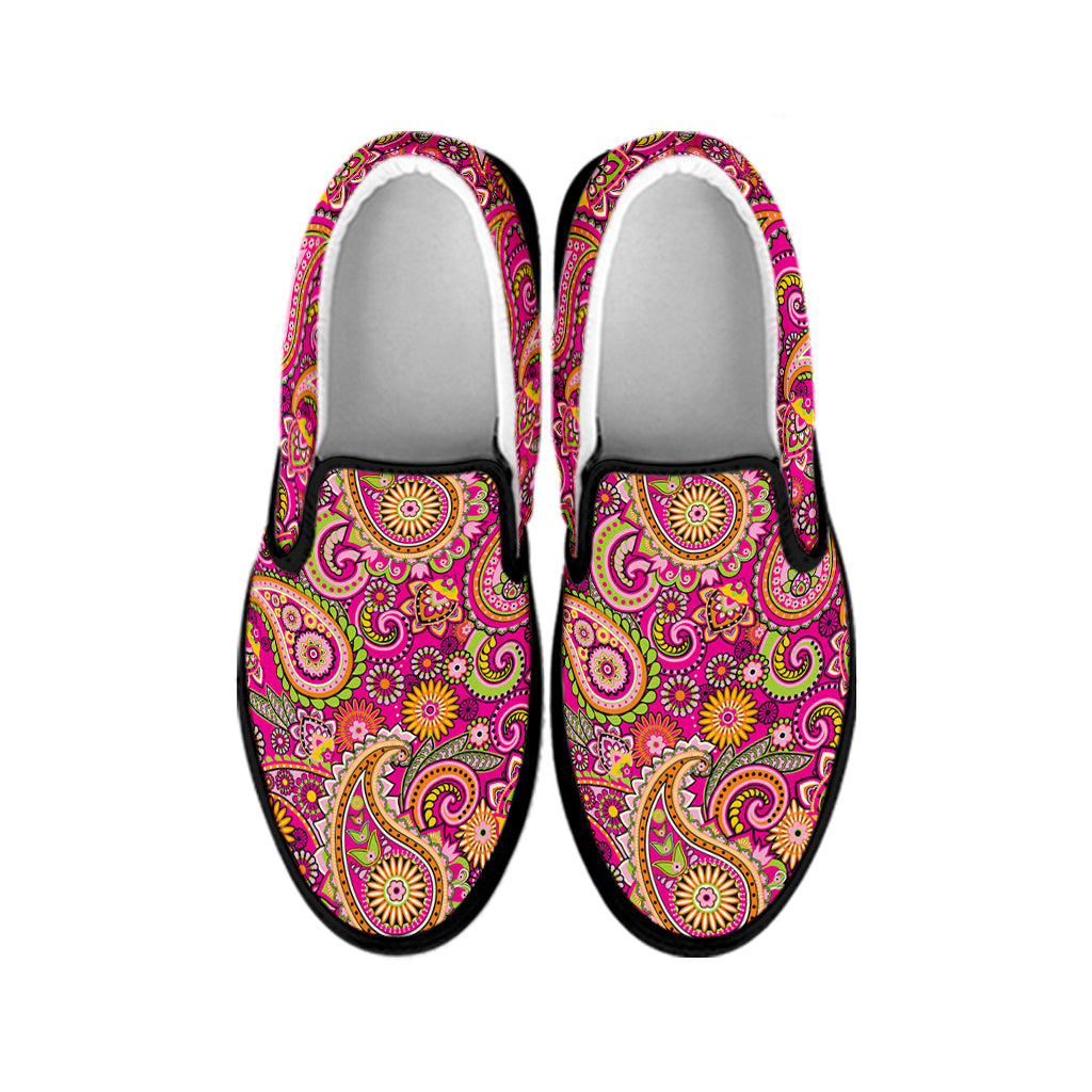 Retro Paisley Pattern Print Black Slip On Shoes