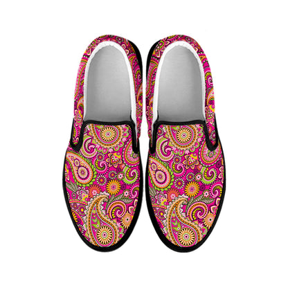 Retro Paisley Pattern Print Black Slip On Shoes