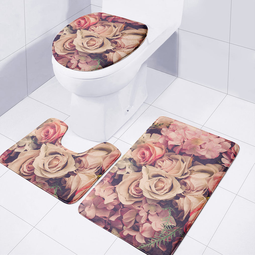 Retro Pink Roses Floral Print 3 Piece Bath Mat Set