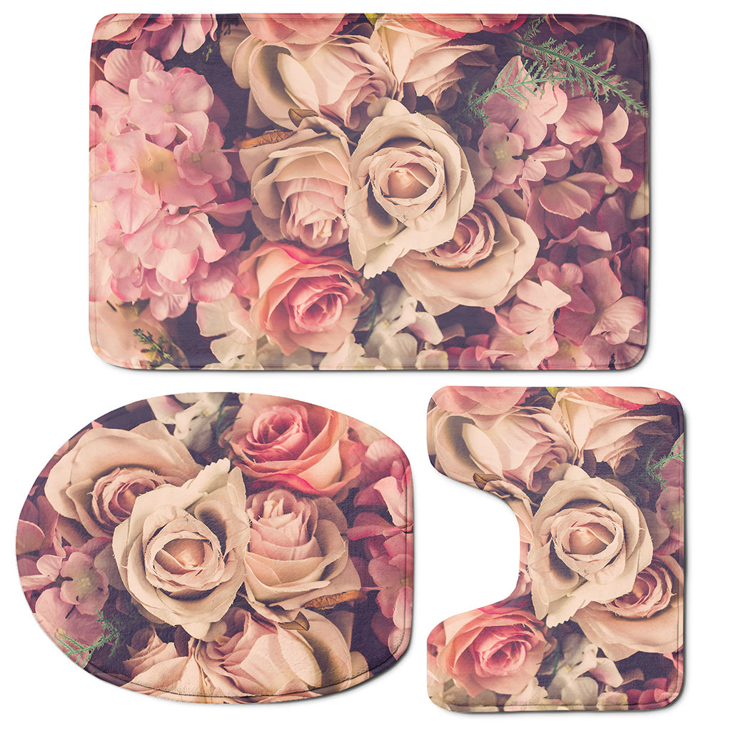 Retro Pink Roses Floral Print 3 Piece Bath Mat Set