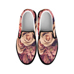 Retro Pink Roses Floral Print Black Slip On Shoes