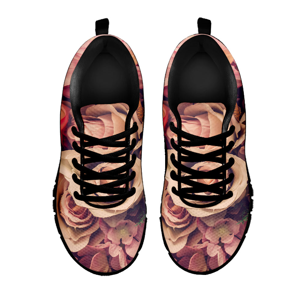 Retro Pink Roses Floral Print Black Sneakers