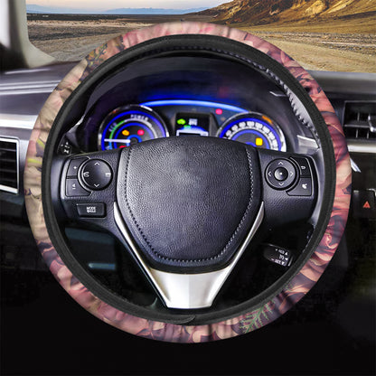 Retro Pink Roses Floral Print Car Steering Wheel Cover