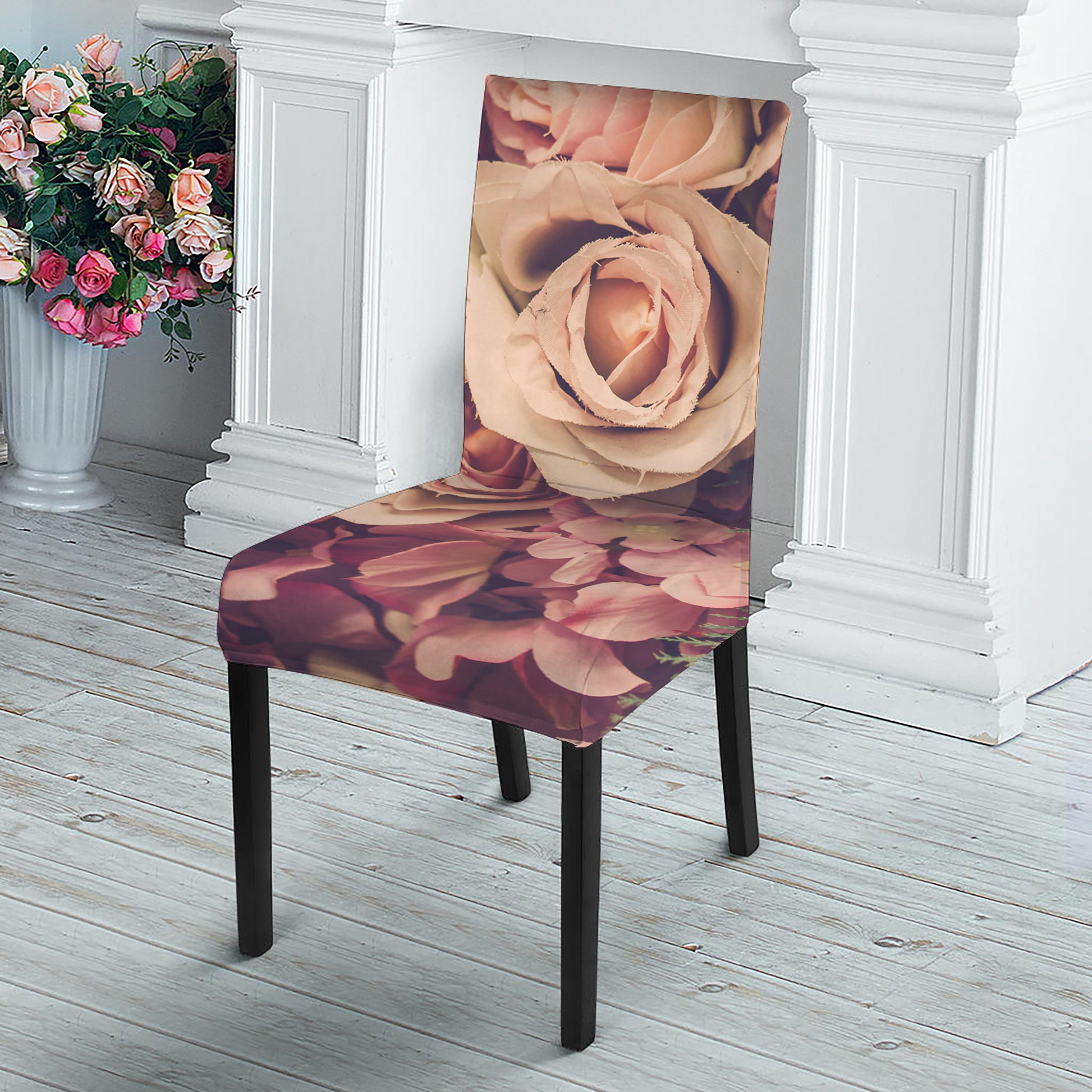 Retro Pink Roses Floral Print Dining Chair Slipcover