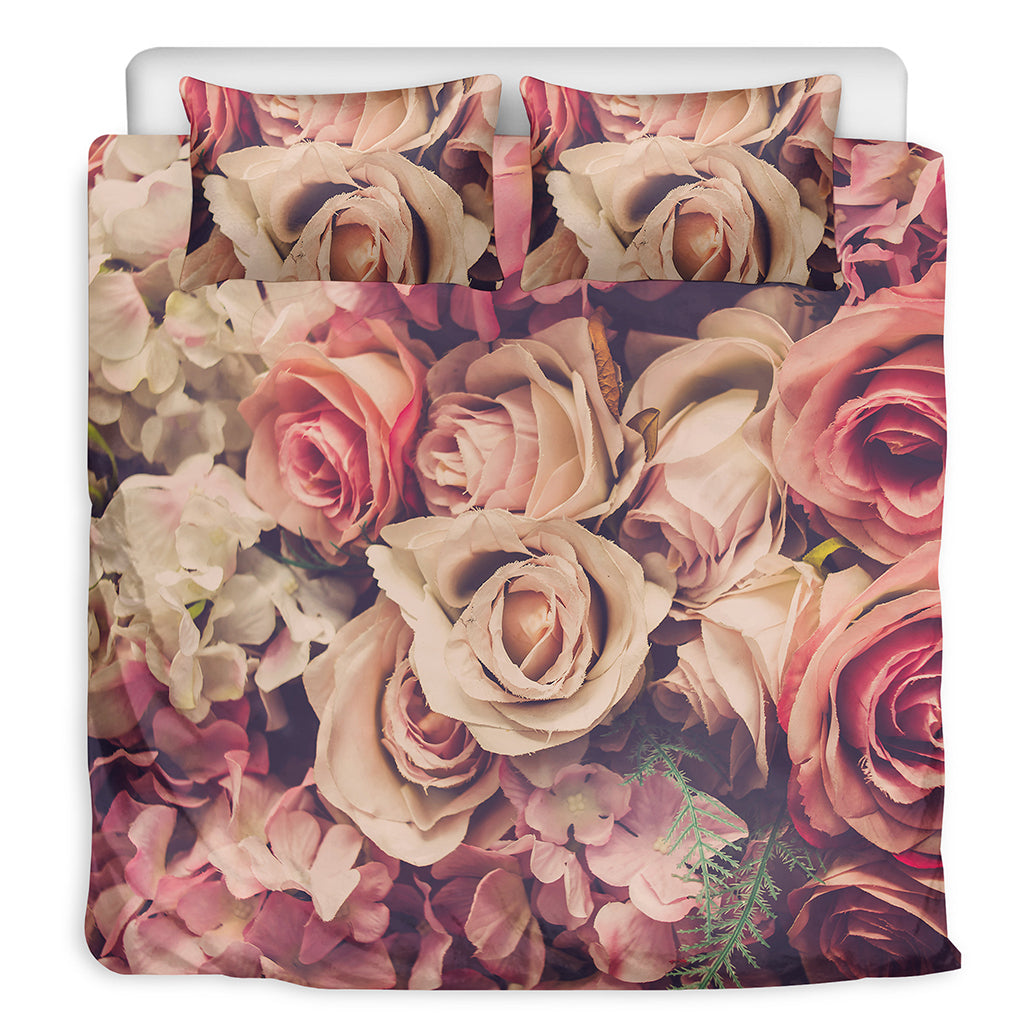 Retro Pink Roses Floral Print Duvet Cover Bedding Set