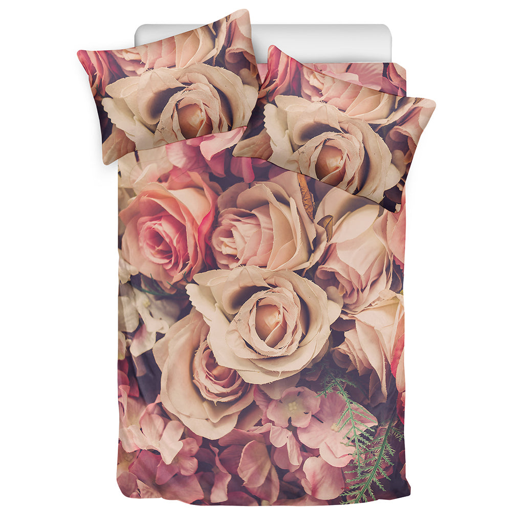 Retro Pink Roses Floral Print Duvet Cover Bedding Set