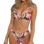 Retro Pink Roses Floral Print Front Bow Tie Bikini