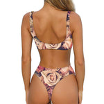 Retro Pink Roses Floral Print Front Bow Tie Bikini