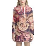 Retro Pink Roses Floral Print Hoodie Dress