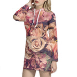 Retro Pink Roses Floral Print Hoodie Dress