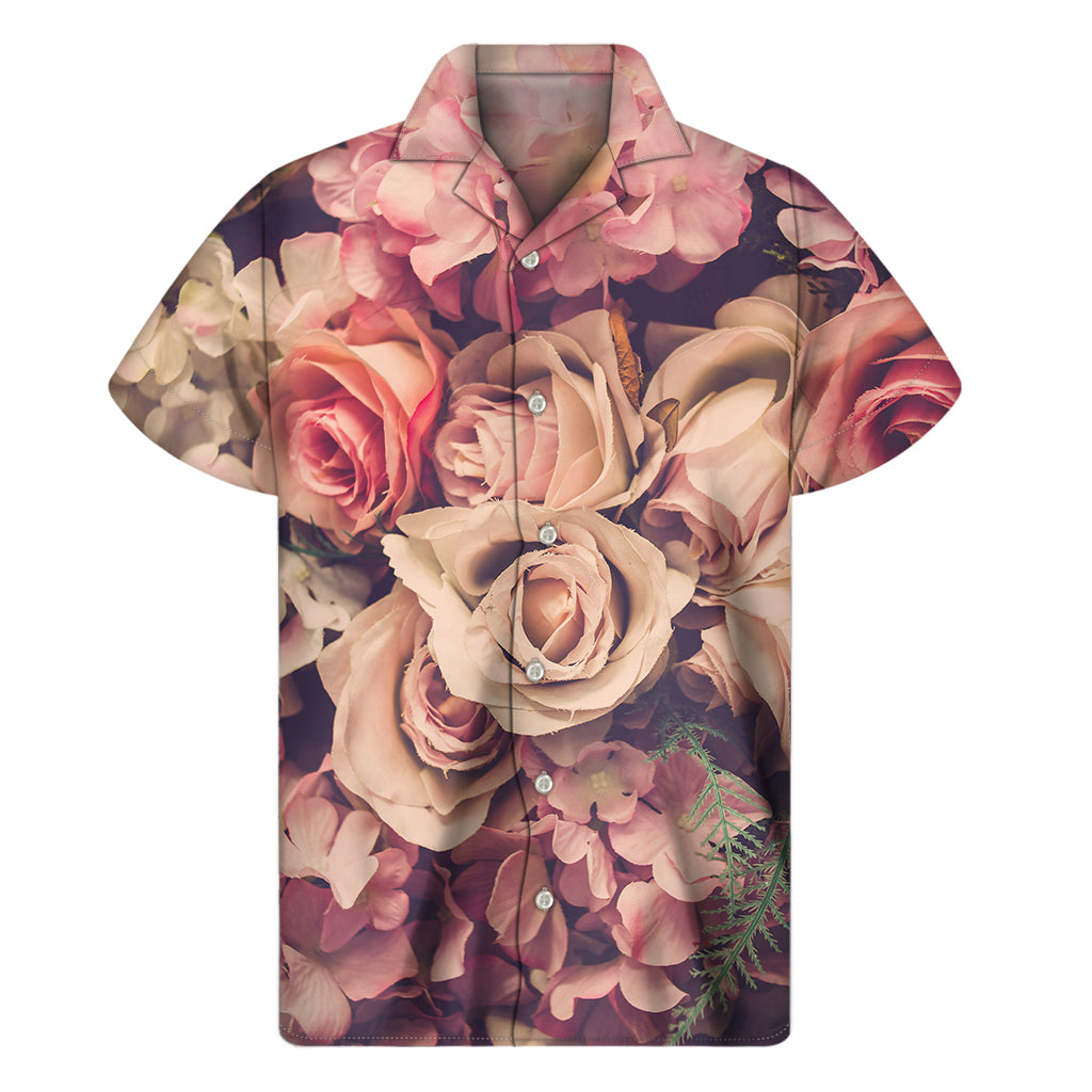 Retro Pink Roses Floral Print Men's Short Sleeve Shirt