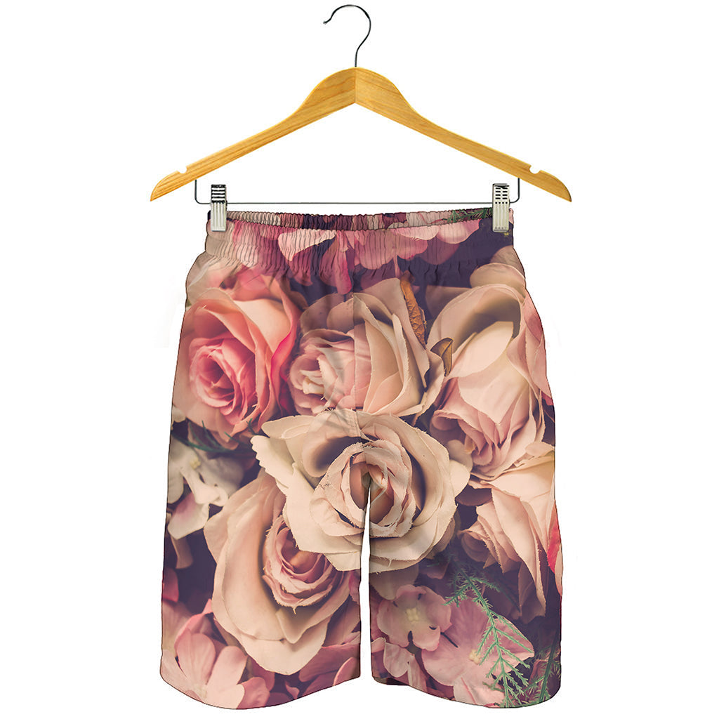 Retro Pink Roses Floral Print Men's Shorts