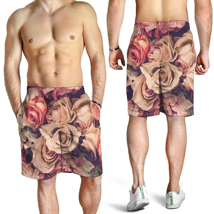 Retro Pink Roses Floral Print Men's Shorts