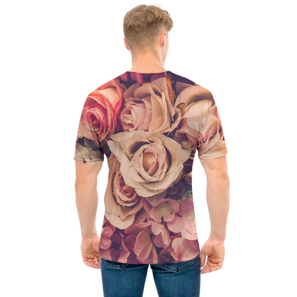 Retro Pink Roses Floral Print Men's T-Shirt