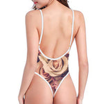 Retro Pink Roses Floral Print One Piece High Cut Swimsuit