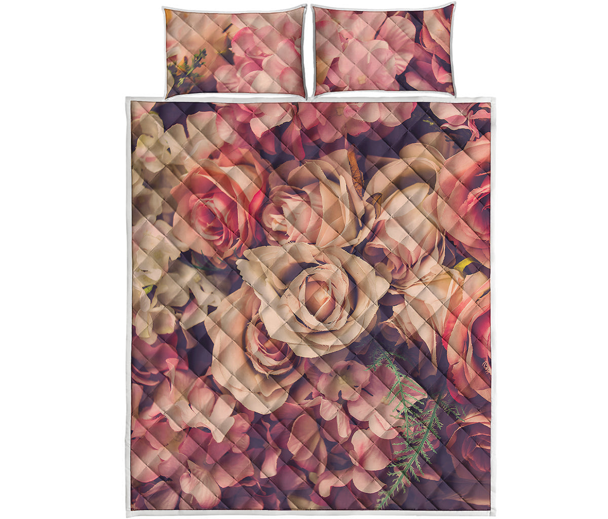 Retro Pink Roses Floral Print Quilt Bed Set