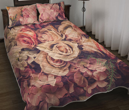 Retro Pink Roses Floral Print Quilt Bed Set
