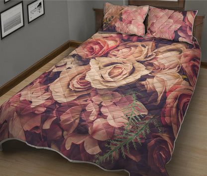 Retro Pink Roses Floral Print Quilt Bed Set