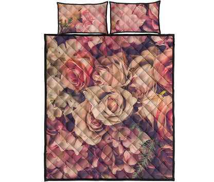 Retro Pink Roses Floral Print Quilt Bed Set