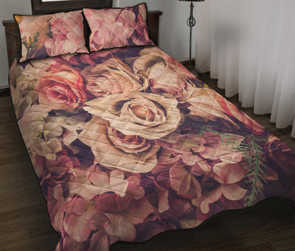 Retro Pink Roses Floral Print Quilt Bed Set