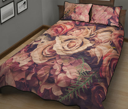 Retro Pink Roses Floral Print Quilt Bed Set
