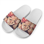 Retro Pink Roses Floral Print White Slide Sandals