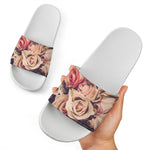 Retro Pink Roses Floral Print White Slide Sandals