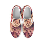 Retro Pink Roses Floral Print White Slip On Shoes